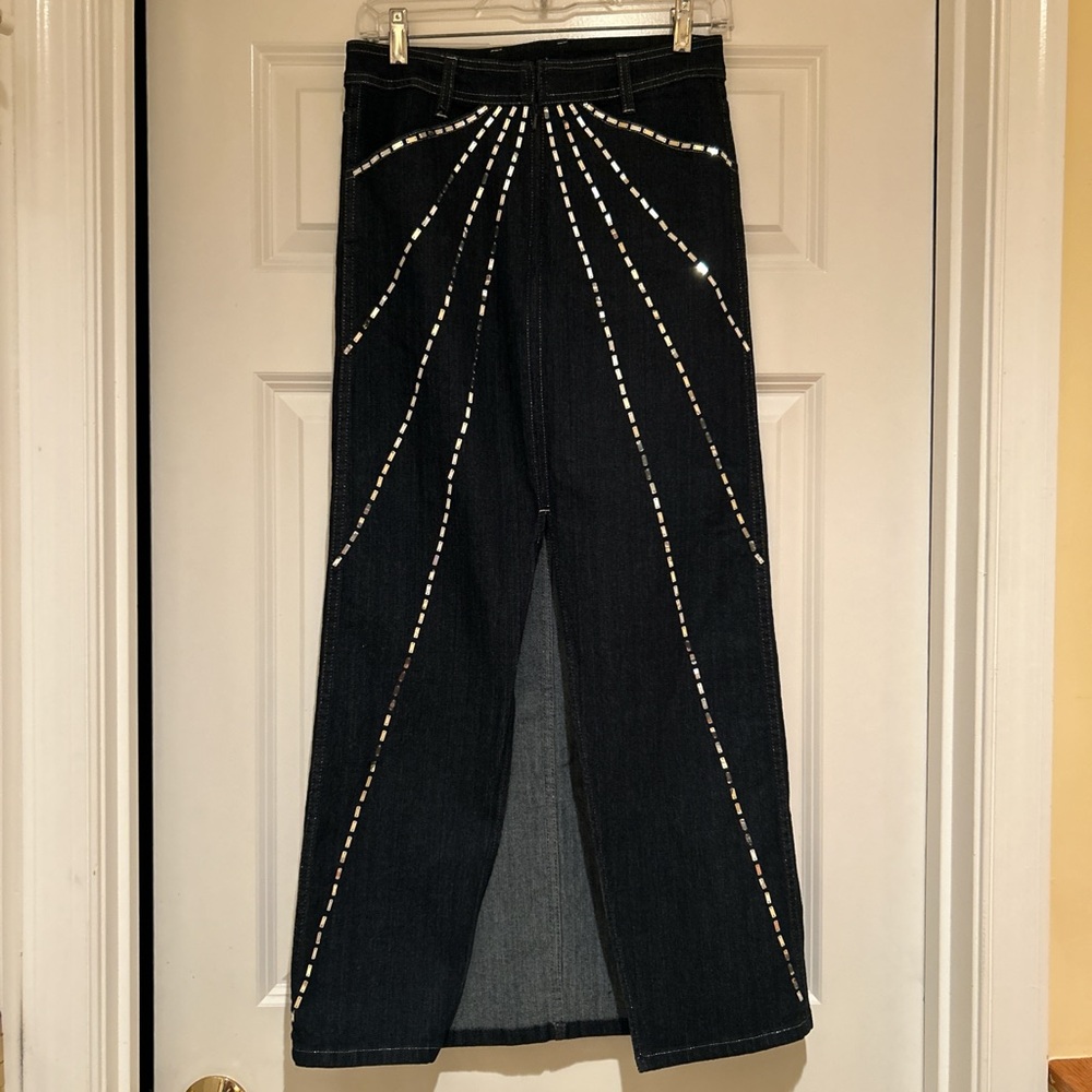 Vintage Jordache Dark Denim Maxi Skirt with Front Slit & Silver Sequins Size 3.